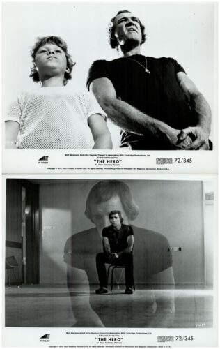 Top-and-bottom panels: a black-and-white movie still with a man and a boy gazing upward in the top panel; the bottom panel shows a man sitting in a room with a faint, larger silhouette of himself as a double exposure.
