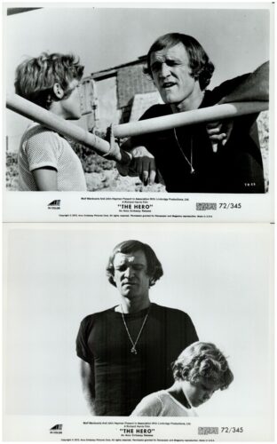 Promotional stills from The Hero: top image shows a man talking to a girl at a railing; bottom image shows the man standing with the girl looking downward.