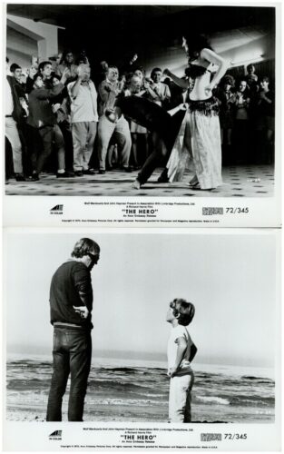 Two-panel black-and-white promo photo: top shows a dancer mid-kick before a cheering crowd; bottom shows a man and a boy standing on a beach looking at each other.