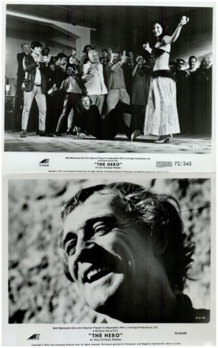 Two black-and-white promotional stills: top—belly dancer on stage with a cheering audience; bottom—a close-up of a smiling man.