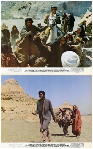 Top: Scene from an old film with a man on a white horse surrounded by villagers in a rocky desert setting. Tent visible in background.