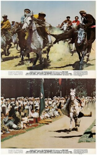 Two-panel vintage movie poster: top half shows a chaotic horseback chase with multiple riders; bottom half shows a rider on a white horse charging toward a seated crowd along a dirt road.