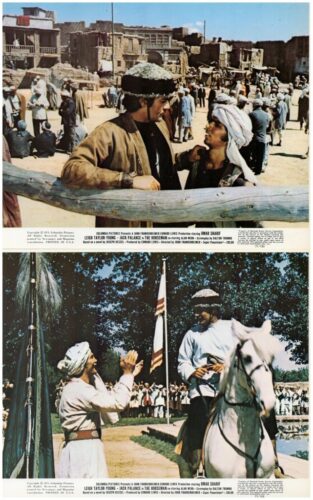 Two-panel vintage film poster: top shows two men in a desert town near a rustic fence; bottom shows a rider saluting a standing man before a crowd and flag.
