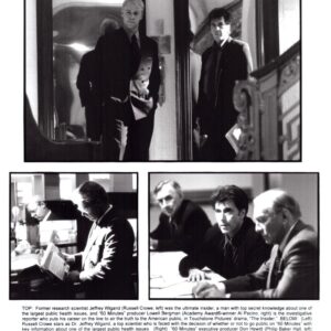 Black-and-white collage from a film scene: top panel shows two men in suits standing in a doorway; bottom panels depict two men examining a newspaper and another group of men in a meeting at a desk.