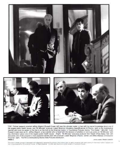 Black-and-white collage from a film scene: top panel shows two men in suits standing in a doorway; bottom panels depict two men examining a newspaper and another group of men in a meeting at a desk.