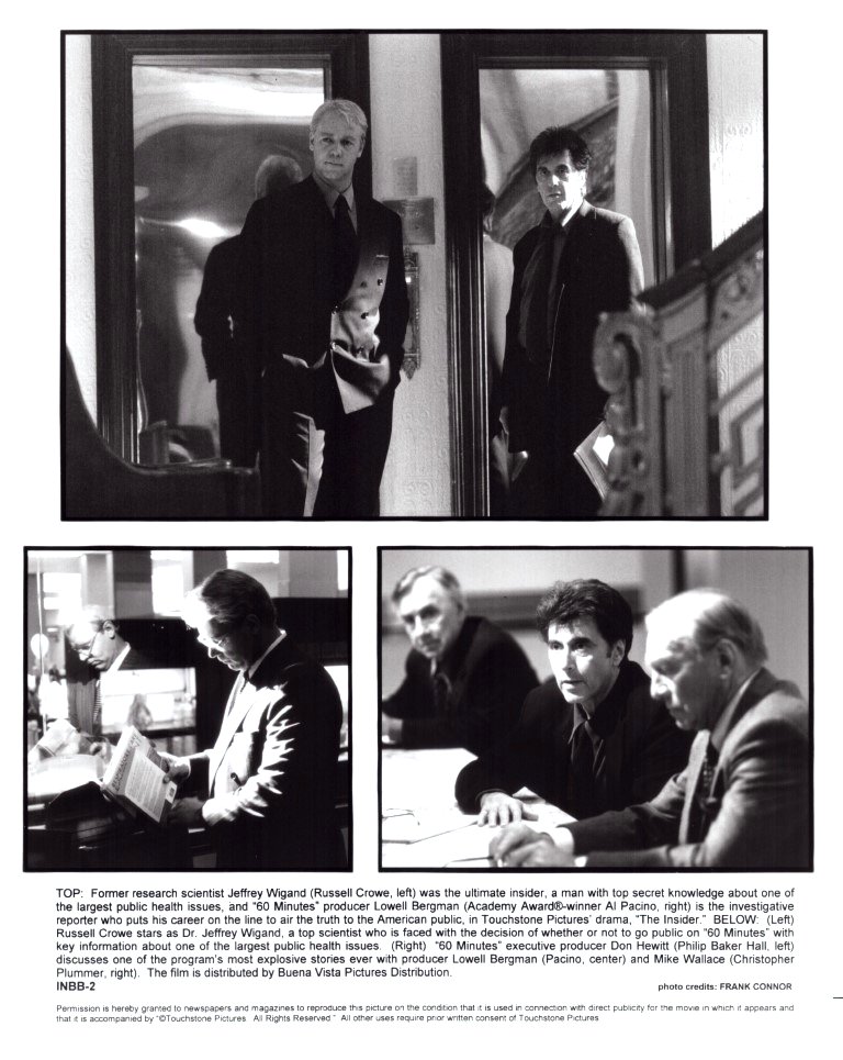 Black-and-white collage from a film scene: top panel shows two men in suits standing in a doorway; bottom panels depict two men examining a newspaper and another group of men in a meeting at a desk.