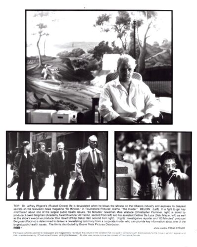 Three black-and-white stills: a man in a white shirt seated in a room with a mural behind him; a group of people walking on a city street; a reporter speaking into a microphone on a street scene.