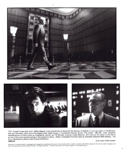 Three-panel film still: a man in a suit walks across a marble lobby, with two close-up portraits below.