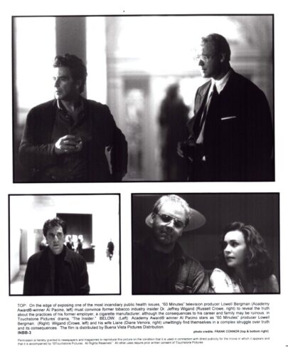 Three-panel black-and-white film stills: top shows two men in suits holding drinks; bottom left a man in a dark coat in a hallway; bottom right a man wearing sunglasses with a woman.