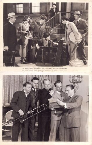 Two vintage film stills: top shows actors in 1930s attire around an open trunk on a porch; bottom shows five men in suits with a trombone looking at a sheet of music.