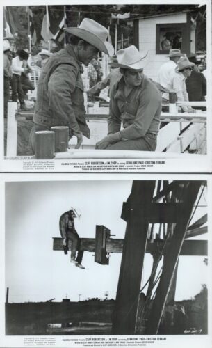 Black-and-white composite image with two frames: top frame shows two cowboys wearing wide-brim hats leaning on a fence at a rodeo or fairground, with spectators in the background. Bottom frame shows a construction worker in a hard hat perched on a steel beam high above the ground, with a crane-like structure nearby.