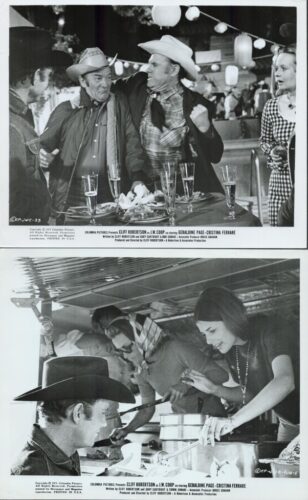 Two black-and-white film stills: top shows men in cowboy hats at a party with champagne; bottom shows a kitchen scene with staff preparing food.