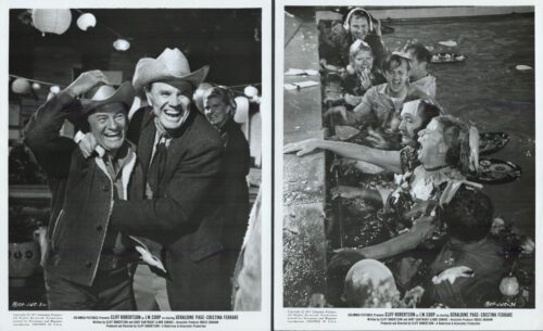 Two-panel black-and-white photo: left shows two men in cowboy hats laughing and embracing at a party; right shows a group in a pool cheering and reaching toward the camera.