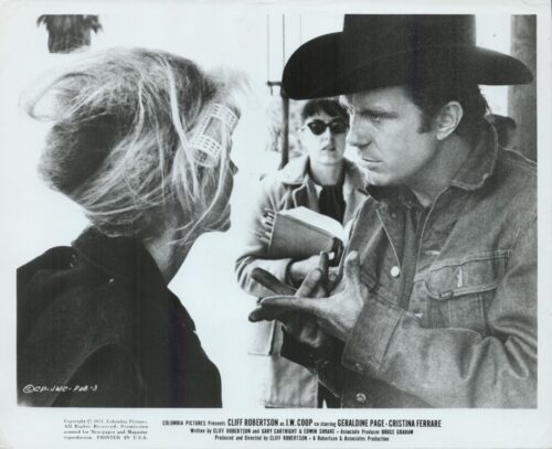Man in a denim shirt and cowboy hat speaks to a woman with light hair and sunglasses; another person holds books in the background.