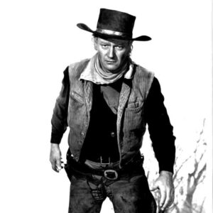 Black-and-white photo of a rugged cowboy wearing a wide-brimmed hat, vest, scarf, and belt, standing in a desert setting and looking ahead.