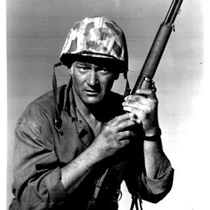 Soldier in camouflage helmet and field gear gripping a rifle, looking at the camera.