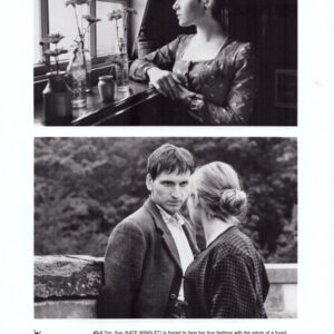 Two black-and-white stills from the film Jude: top image shows Kate Winslet by a windowsill with potted flowers; bottom image shows Winslet with a man in period clothing outdoors, facing each other.