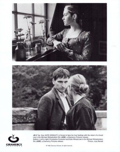 Two black-and-white stills from the film Jude: top image shows Kate Winslet by a windowsill with potted flowers; bottom image shows Winslet with a man in period clothing outdoors, facing each other.