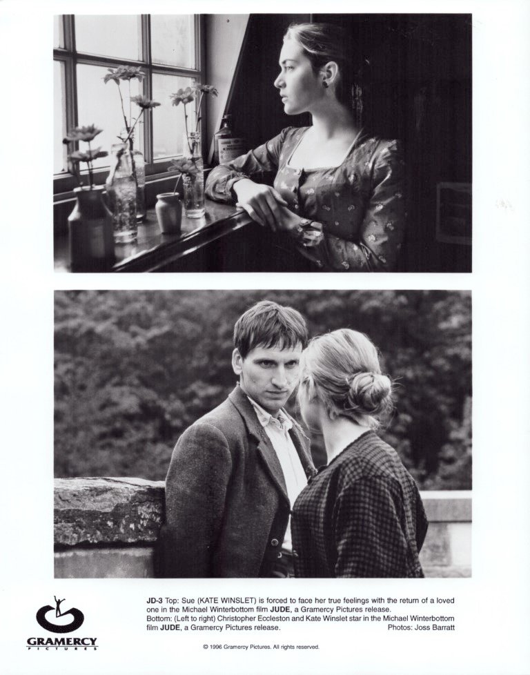 Two black-and-white stills from the film Jude: top image shows Kate Winslet by a windowsill with potted flowers; bottom image shows Winslet with a man in period clothing outdoors, facing each other.