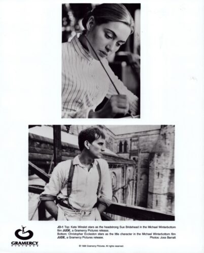 Promotional stills from Jude: top image of a woman painting; bottom image of a man in a shirt with suspenders on a rooftop.