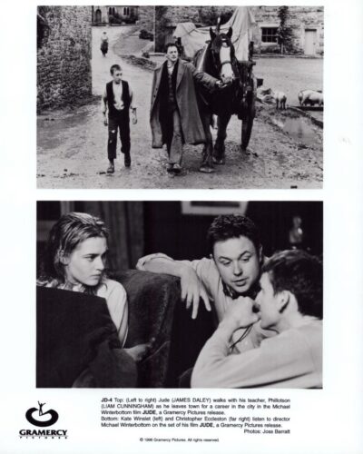 Film still from Jude: a man leads a horse-drawn cart with a boy along a rural street, two-panel layout with a conversation scene below.