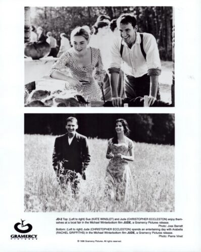 Two black-and-white film stills: top shows a man and woman grilling at an outdoor fair; bottom shows a man in a suit and a woman in a floral dress walking through a field.