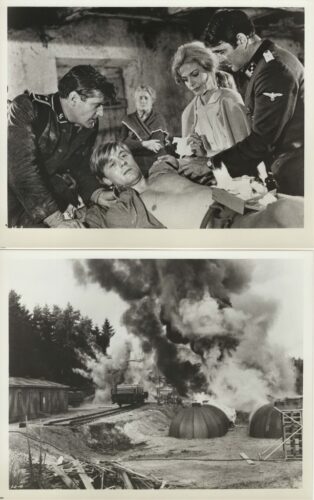 Two-panel image: panel 1 shows an injured man on a bed being tended by two uniformed men and a woman; panel 2 shows a smoky industrial site with trains and large domed tanks in the foreground.