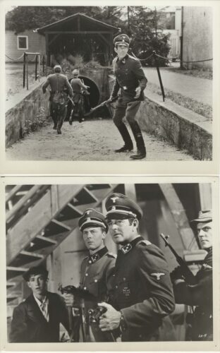 Top panel: German officer in uniform guarding a tunnel entrance as soldiers enter the bunker opening.