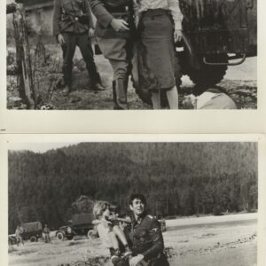 Two black-and-white wartime photos: top a Nazi officer with a woman beside a wrecked vehicle; bottom a soldier carries a child through a shallow river.
