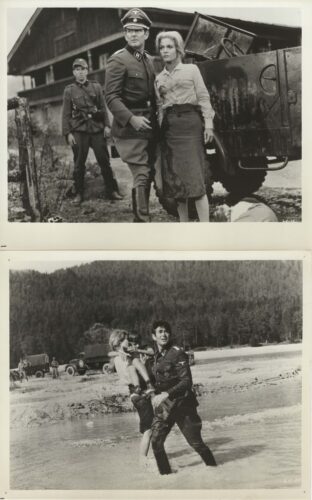 Two black-and-white wartime photos: top a Nazi officer with a woman beside a wrecked vehicle; bottom a soldier carries a child through a shallow river.