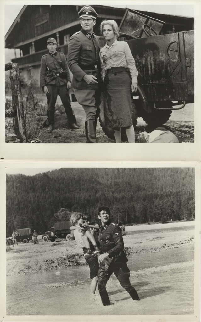 Two black-and-white wartime photos: top a Nazi officer with a woman beside a wrecked vehicle; bottom a soldier carries a child through a shallow river.