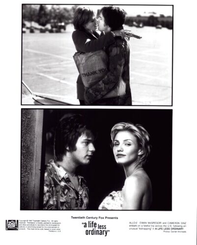 Two-panel black-and-white movie poster for 'a life less ordinary': top panel shows a couple kissing, bottom panel shows a man and a woman posing.