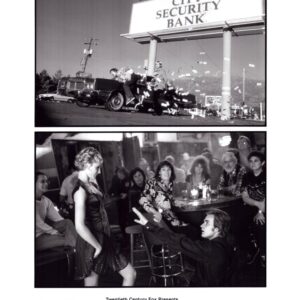 Two-panel black-and-white movie poster: top panel shows a convertible car crash by a roadside beneath a large sign reading 'CITY SECURITY BANK'; debris flies around as onlookers. Bottom panel shows a man on the floor reaching toward a stylish woman standing by a bar while a crowd watches from stools and tables in a nightclub setting.