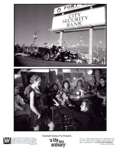 Two-panel black-and-white movie poster: top panel shows a convertible car crash by a roadside beneath a large sign reading 'CITY SECURITY BANK'; debris flies around as onlookers. Bottom panel shows a man on the floor reaching toward a stylish woman standing by a bar while a crowd watches from stools and tables in a nightclub setting.