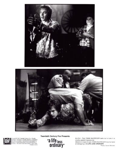 Two-panel black-and-white collage from a film poster for 'a life less ordinary,' showing a singer on stage in the top image and a man on the floor with a gun in the bottom image.