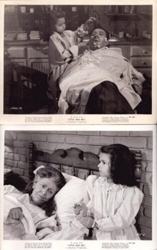 Vintage two-panel scene: a young girl shaves a man in a kitchen (top); a girl sits by an elderly woman in bed (bottom).