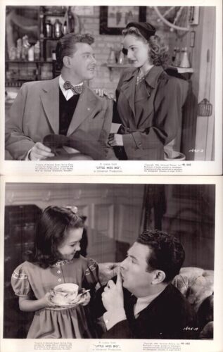 Two black-and-white film stills from a 1940s movie: top shows a man in a suit and a woman in period coat chatting at a cafe; bottom shows a man with a young girl sharing tea, he hushes with a finger to his lips.