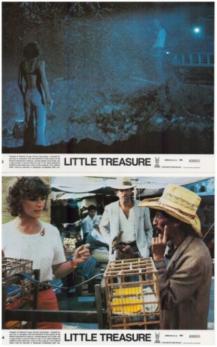 Two-panel stills from Little Treasure: top—woman in a backless top on a blue-lit rocky shore; bottom—market scene with a woman inspecting bird cages and a vendor.