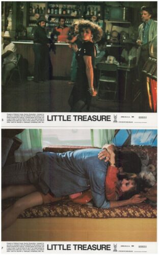 Movie poster for Little Treasure: top panel shows a woman dancing in a bar, bottom panel a couple cuddling on a bed, with the title 'Little Treasure' visible.
