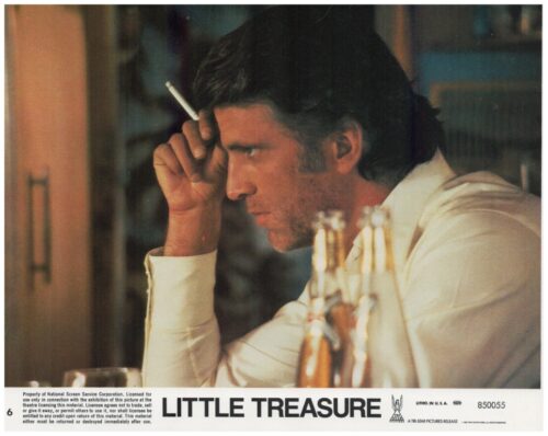 Side-profile of a man in a white shirt smoking a cigarette at a bar, with bottles in the foreground.