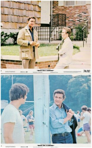 Two stills from the film Man on a Swing: top panel shows a man in a tan jacket talking with a man in a white suit outside a brick house; bottom panel shows a man in a blue shirt conversing with a younger man near a light-blue prop on a sunny set.