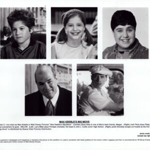 Five black-and-white cast headshots from Max Keeble's Big Move: top row—Alex Linz as Max Keeble, Zena Grey, Josh Peck; bottom row—Larry Miller as Principal Jindraike, Jamie Kennedy as the Evil Ice Cream Man.