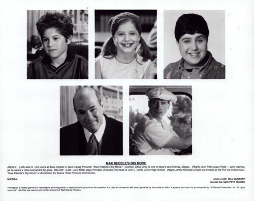 Five black-and-white cast headshots from Max Keeble's Big Move: top row—Alex Linz as Max Keeble, Zena Grey, Josh Peck; bottom row—Larry Miller as Principal Jindraike, Jamie Kennedy as the Evil Ice Cream Man.