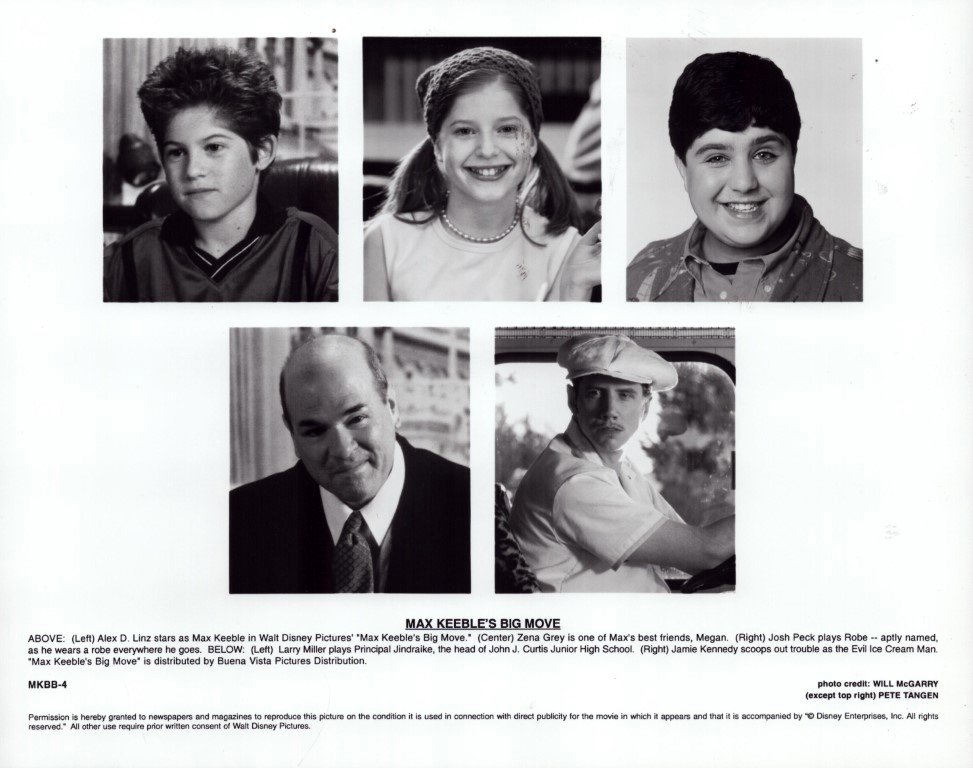 Five black-and-white cast headshots from Max Keeble's Big Move: top row—Alex Linz as Max Keeble, Zena Grey, Josh Peck; bottom row—Larry Miller as Principal Jindraike, Jamie Kennedy as the Evil Ice Cream Man.