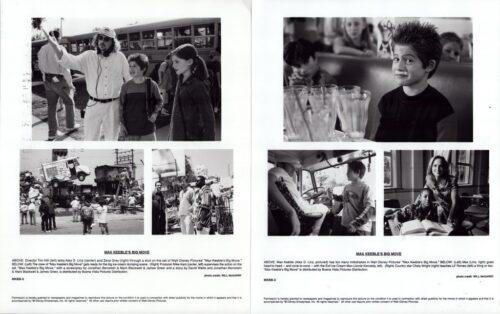 Two-page black-and-white collage from a movie press kit showing behind-the-scenes stills: a director with actors on a set, vehicles, and crew scenes on the left page, and a young boy with glasses and classroom/production scenes on the right page, all related to Max Keeble's Big Move.