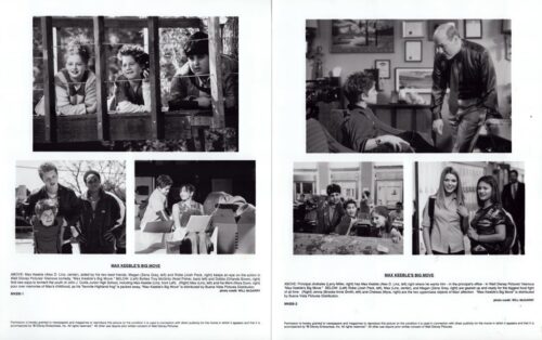 Black-and-white collage from the film Max Keeble's Big Move showing kids at a fence, a group outdoors, and a man speaking to a seated boy in a room.