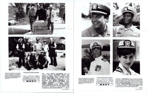 Two-page black-and-white McHale's Navy poster spread featuring cast in naval uniforms and film-set crew photos left and right.