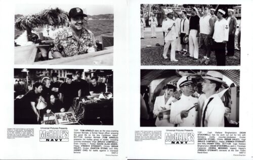 Promotional spread for McHale's Navy: left page shows a man in a tropical shirt on a boat, smiling; below, a group of men around a table examining a model or map in a workshop.