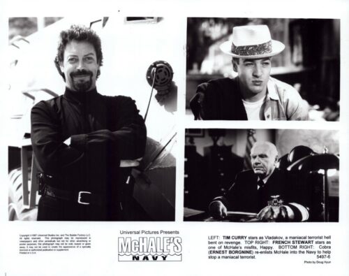 Black-and-white collage poster for McHale's Navy showing three characters: a smiling man with arms crossed on the left, a man in a hat in the top-right, and an admiral at a desk in the bottom-right.