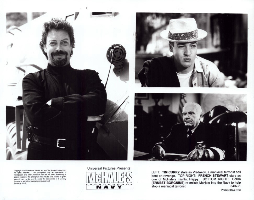 Black-and-white collage poster for McHale's Navy showing three characters: a smiling man with arms crossed on the left, a man in a hat in the top-right, and an admiral at a desk in the bottom-right.